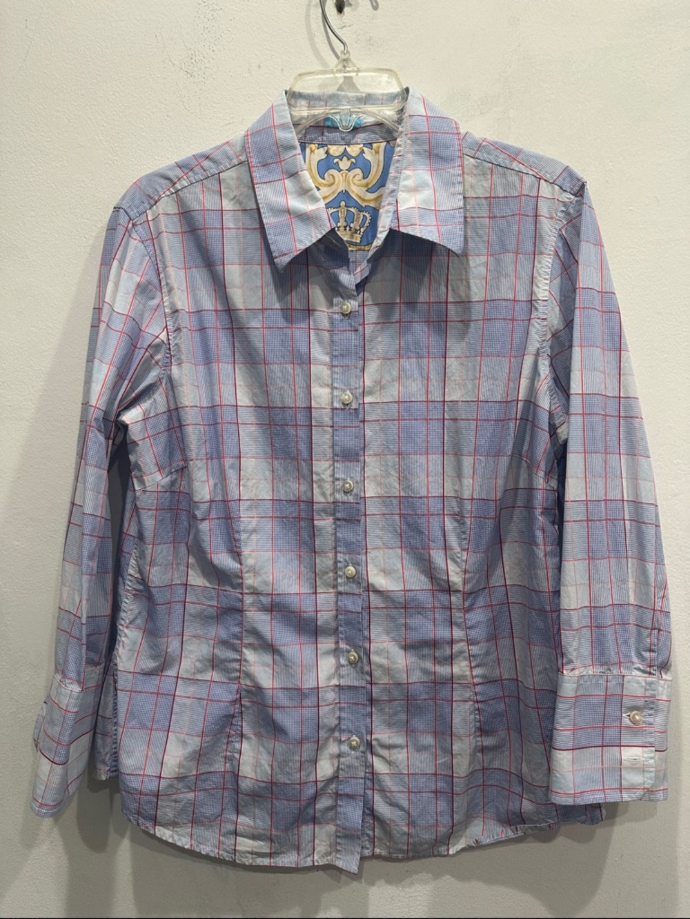 J. McLaughlin blue red Stripe 100% Cotton Silk Hermes Print cuff size medium